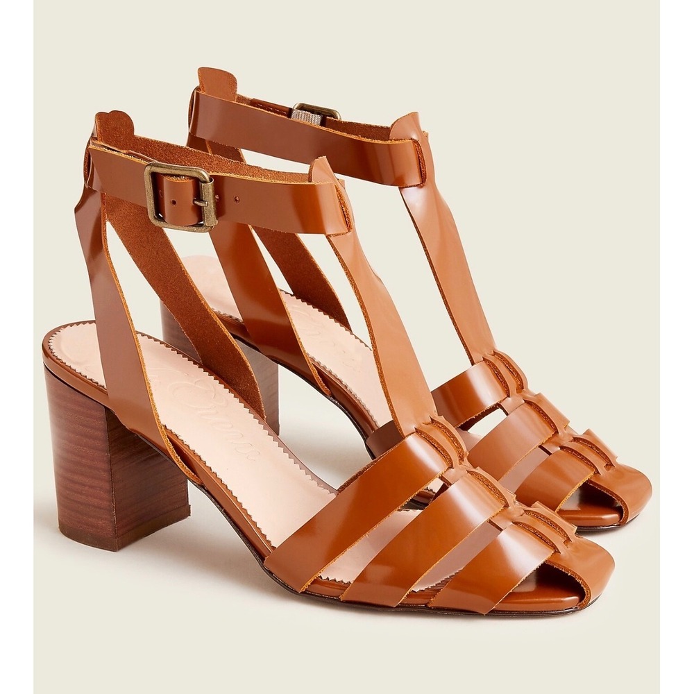 J Crew Fisherman Pumps Sandals Block Heel‎ Brown Spazzolato Leather Strappy sz 9